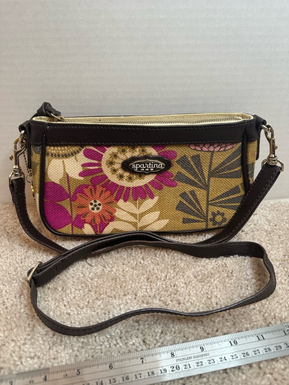 Spartina 449 Floral Canvas Crossbody in Mustard & Fuchsia with Dark Trim